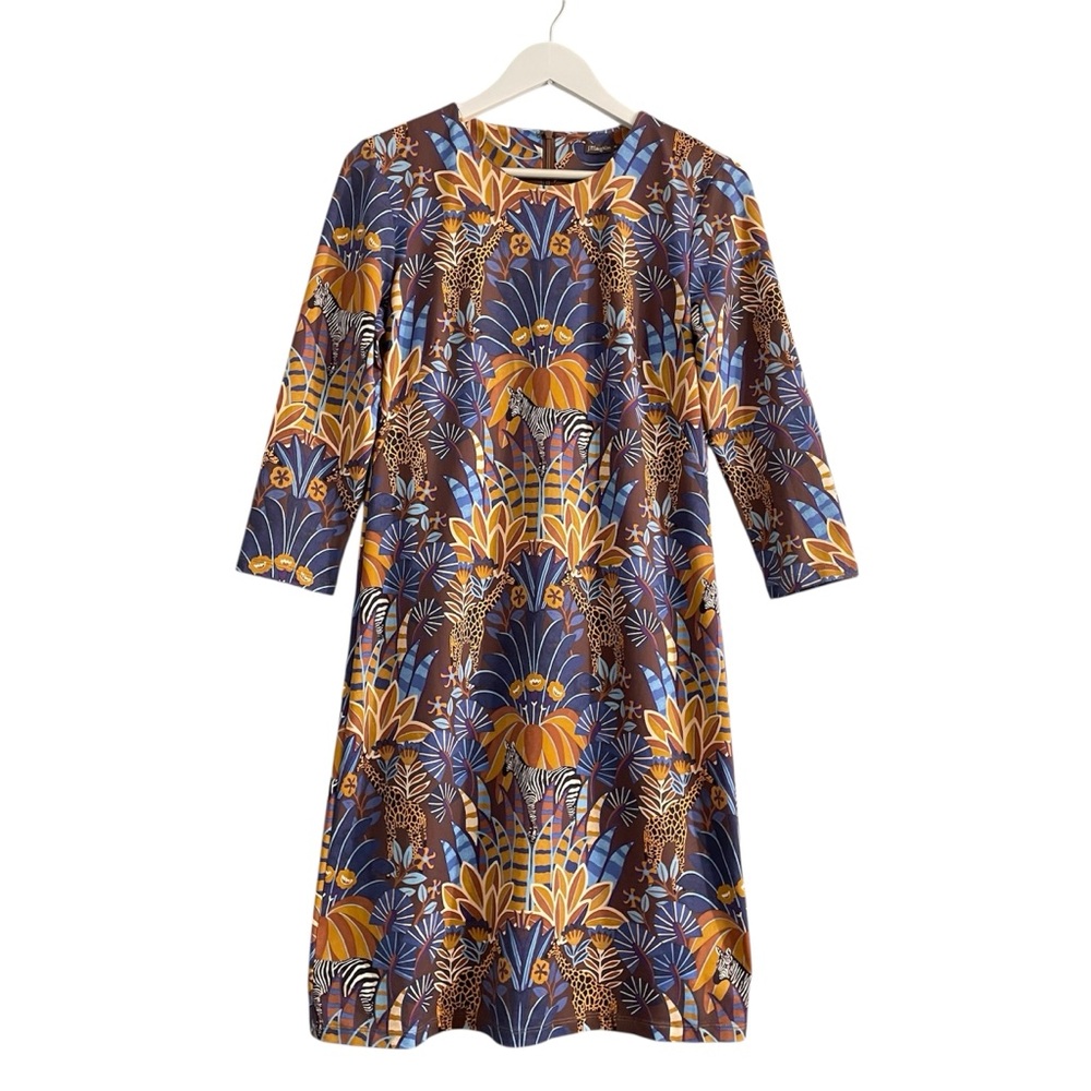 J. McLaughlin Catalina cloth dress Sophia Safari giraffe Print Brown Blue Gold